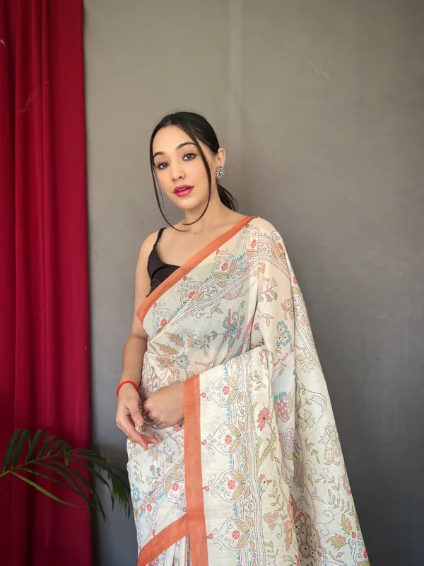 white_&_Orange_Pure_Malai_Cotton_Sarees_With_Katha_Print_Work_With_Blouse_Piece_Attached